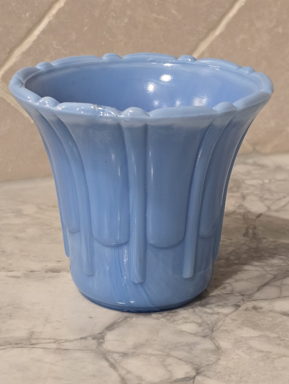 Vintage Akro Agate Cornflower Blue Slag Art Glass Planter Vase
